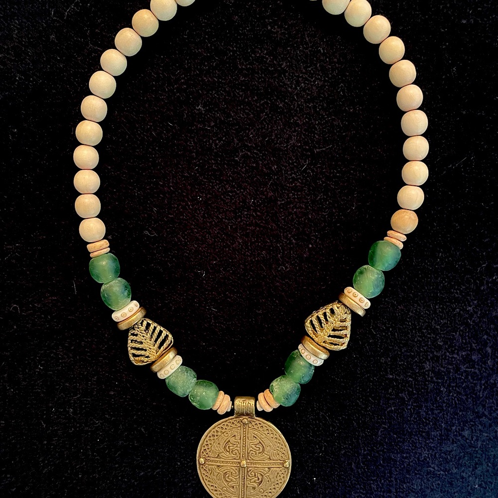 Handcrafted Necklace with Glass Beads, Wood and Bronze Medallion